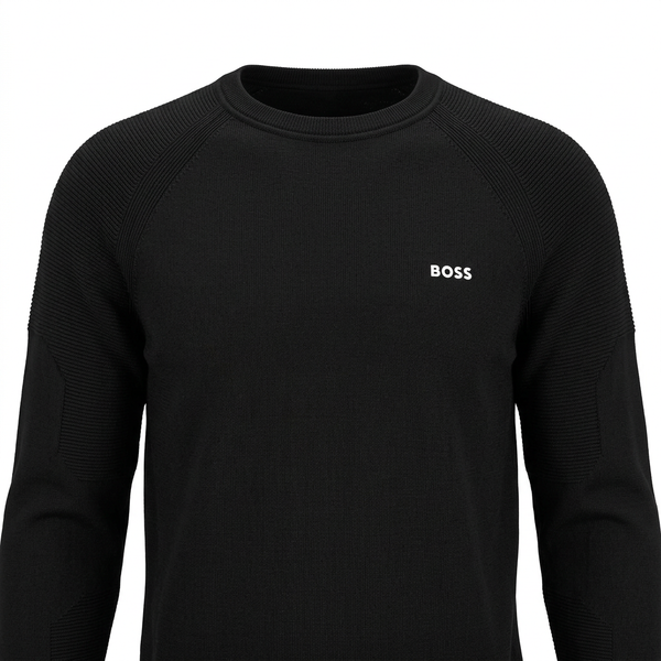 Black BOSS sweater chest and knit detail