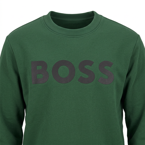 Green BOSS sweatshirt close-up with inside label completely removed