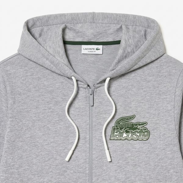 Grey hoodie hood and chest detail