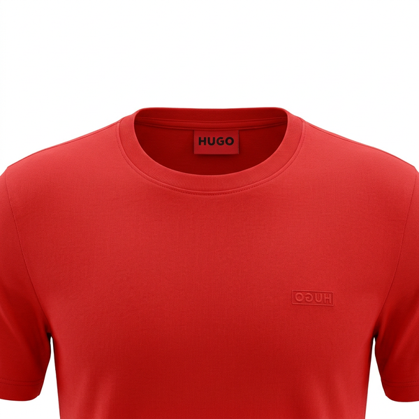 Red HUGO T-shirt neckline and chest close-up