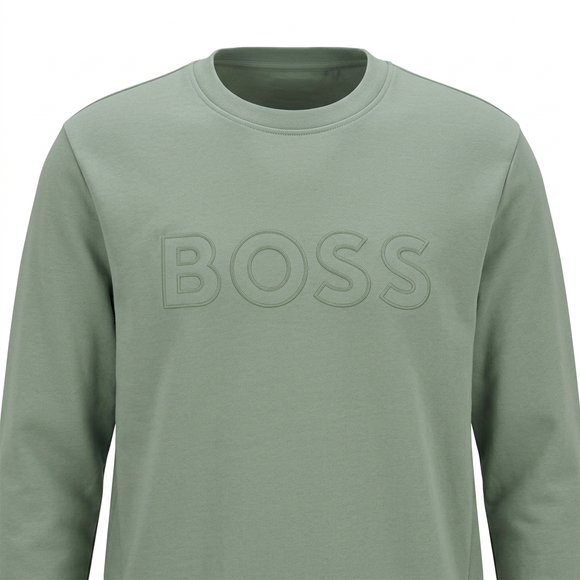 Sage-green BOSS sweatshirt close-up