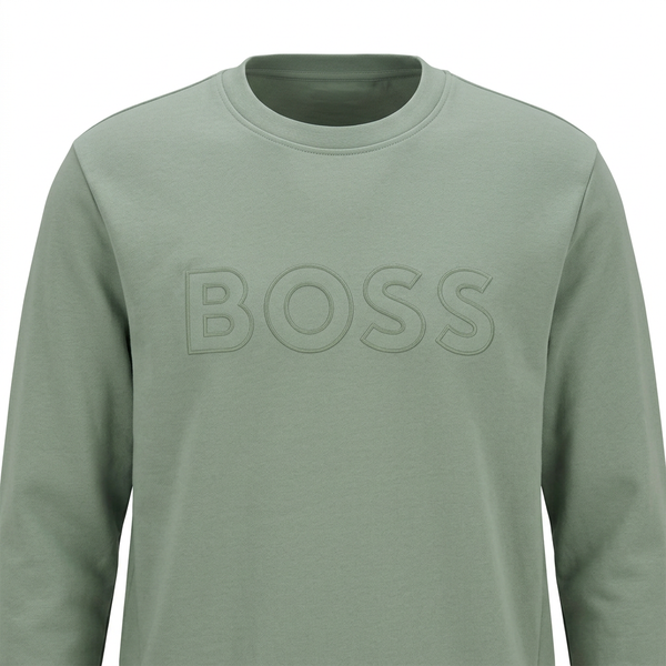 Sage-green BOSS sweatshirt close-up