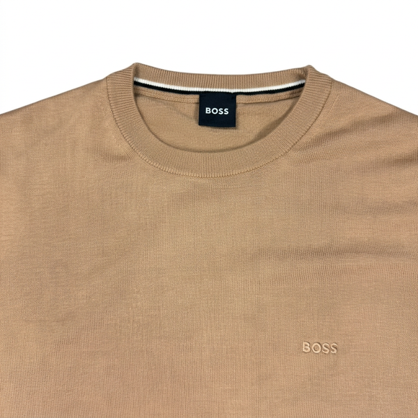 Tan BOSS sweater neckline and chest close-up