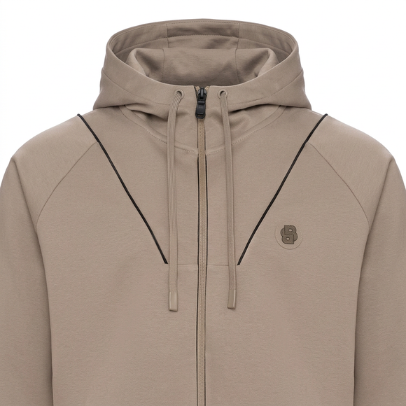 Taupe zip hoodie close-up
