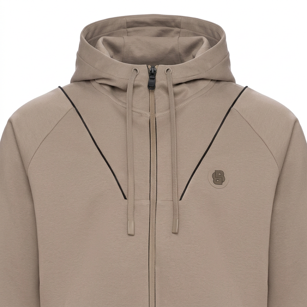 Taupe zip hoodie close-up